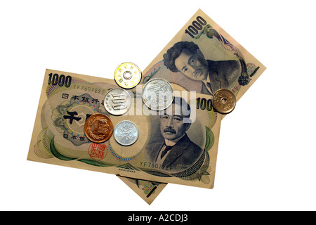 1000 yen japonais et des billets en euros sur un fond blanc. Banque D'Images