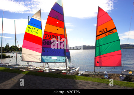 Petits voiliers amarrés le long du lac Taupo. L'Île du Nord, en Nouvelle-Zélande. Banque D'Images