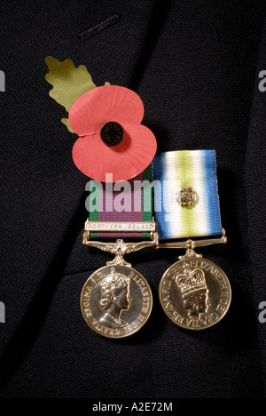 Médaille du service général avec un bar de l'Irlande du Nord et l'Atlantique Sud médaille avec rosette et un coquelicot épinglée sur un blazer Banque D'Images