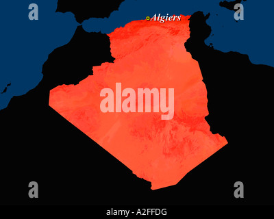 Image satellite en surbrillance de l'Algérie avec la capitale Algérie illustré Banque D'Images