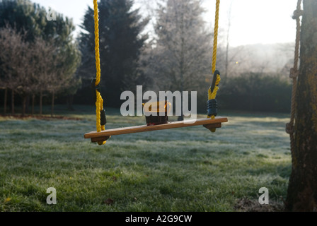 Un gros plan d'une tasse fumante de café assis à un angle sur une balançoire dans un jardin de givre Banque D'Images