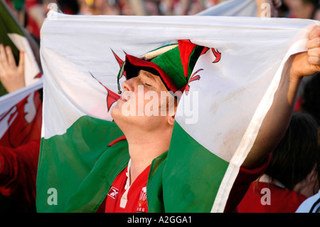Fan de rugby gallois passionné enveloppé dans le drapeau national célébrer remportant un match international du pays de Galles à Cardiff au Pays de Galles du Sud Banque D'Images