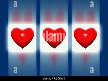 Trois coeurs sur une machine à sous Afficher 3 auf dem Herzen und Spielautomaten Affichage Banque D'Images