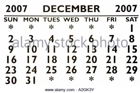 Calendrier Décembre 2007 Banque D'Images
