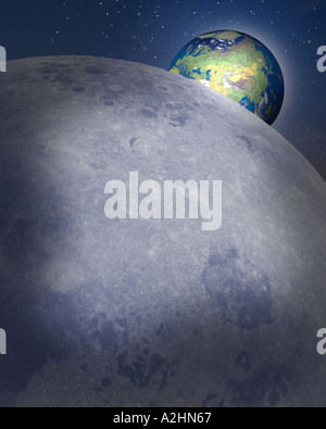 CONCEPT NUMÉRIQUE : la planète Terre se lever au-dessus de la Lune Banque D'Images