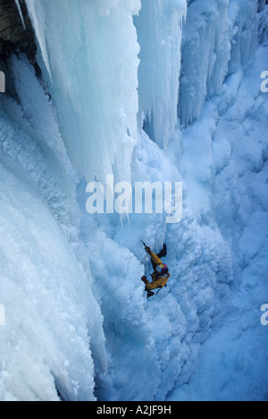 Vince Anderson l'escalade sur glace dans Ouray Ice Park, Colorado Banque D'Images