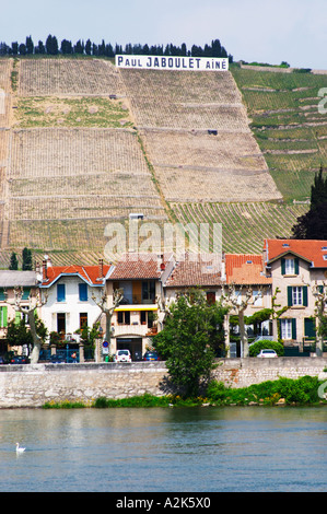 La ville Tain l'Hermitage, le côté de la rivière, le fleuve Rhône. L'Ermitage vignes sur la colline derrière la ville de Tain-l'Hermitage, sur la colline en pente raide, en terrasses en pierre. Parfois orthographié Ermitage. Un signe avec Paul Jaboulet dans le vignoble de Tain l'Hermitage, Drôme, Drôme, France, Europe Banque D'Images