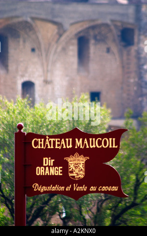 Une vue sur le château en ruine, le palais d'été du Pape sur les vignes. Un signe de Château Maucoil Chateauneuf-du-Pape Châteauneuf, Vaucluse, Provence, France, Europe Banque D'Images