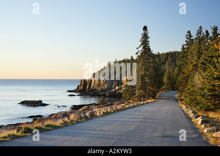 Park Loop Road le long de berges rocheuses Otter Cliff Baie Frenchman Mount Desert Island Acadia National Park Maine USA Banque D'Images