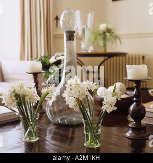 Carafe en verre blanc et les jonquilles sur table en bois Banque D'Images
