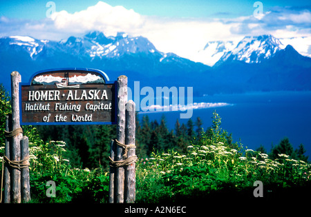 Homer Alaska Flétan signe capitale mondiale de la pêche de la péninsule de Kenai, USA Banque D'Images