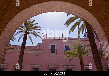 Espagne Jerez DE LA FRONTERA la cour intérieure bordée de cocotiers et de palais du 12ème siècle la forteresse de l'Alcazar Almohade Banque D'Images