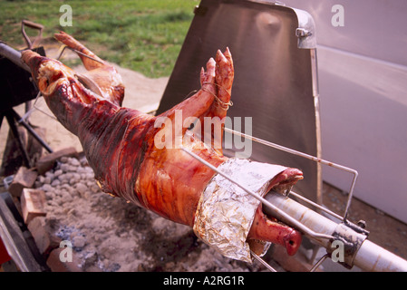 Rôti de porc brochettes de porc - sur une broche et la rotation et la cuisson sur un feu ouvert Pit Banque D'Images