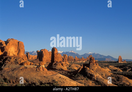 Park avenue buttes et le palais avec une vue des Montagnes La Sal d'Arches National Park près de Moab Utah USA Banque D'Images