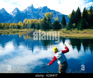 La pêche à la mouche La pêche à la ligne dans un étang de castors le long de la rivière Snake à Grand Teton National Park dans le Wyoming au cours de l'automne Banque D'Images