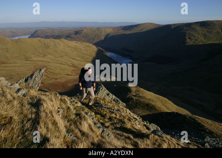 Un homme malade Mardale escalade Bell's East Ridge, Lake District Banque D'Images