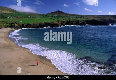 Personne marchant sur Clogher Strand, péninsule de Dingle, comté de Kerry, Irlande Banque D'Images