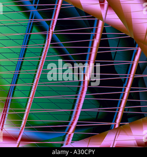 Des œuvres d'art numérique abstraites présentant des lignes métalliques roses et violettes croisées sur un fond dégradé vert et noir, créant un décor moderne et futuriste Banque D'Images