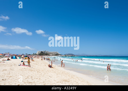 Plage avec les hôtels Riu de la distance, Parque Natural de las dunas de Corralejo, Fuerteventura, Îles Canaries, Espagne Banque D'Images