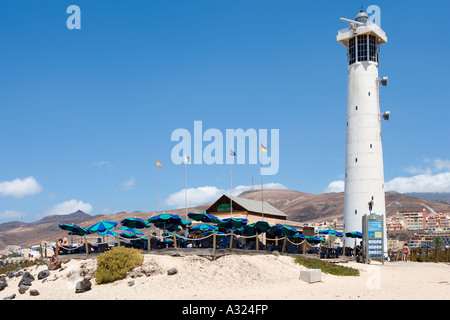 Restaurant sous le phare sur plage de Playa Del Matorral, Jandia (Morro Jable), Fuerteventura, Îles Canaries, Espagne Banque D'Images