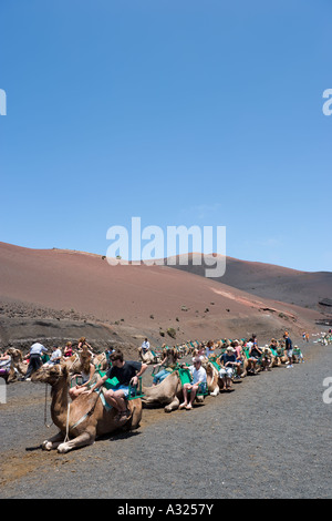 Promenades en chameau dans le Parc National de Timanfaya, Lanzarote, îles Canaries, Espagne Banque D'Images