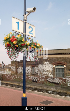 Des fleurs en plastique et de graffitis. Loughborough Junction Station, Londres, Angleterre Banque D'Images