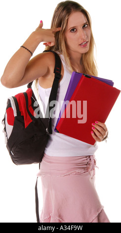 Senior high school girl blonde avec un sac à dos et les livres par pied avec le doigt à la tête comme si une arme à feu Banque D'Images