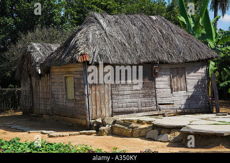 Maison construite à partir de bois avec un toit en feuilles de palmiers, Photo, village près de Santiago de Cuba, Cuba Banque D'Images