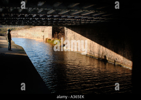 Homme debout sur un sentier qui longe le canal de Cauldon,et sous l'un des nombreux ponts qui traversent le canal d'eau. Banque D'Images