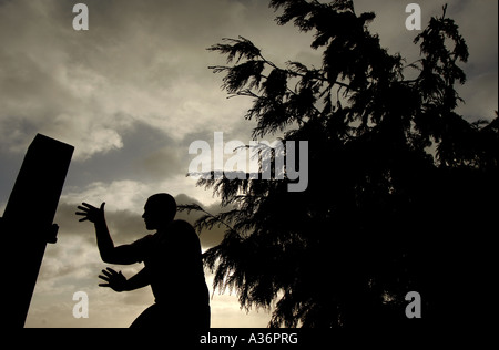 La silhouette d'un homme pratiquant Praying Mantis Kung Fu, un art martial en plein air Banque D'Images