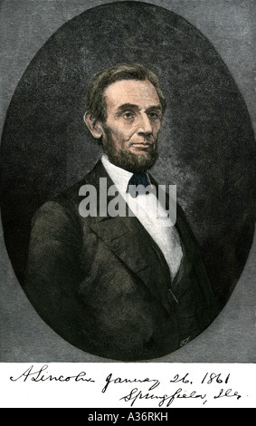 Abraham Lincoln dans l'Illinois Springfield 1861 portrait avec autographe. À la main, gravure sur bois Banque D'Images