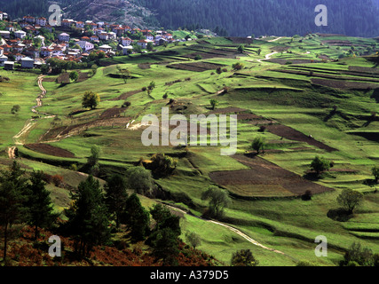 Village de montagne dans la vallée au printemps Banque D'Images