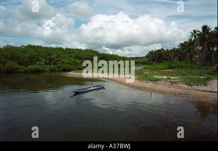 Vue depuis le ferry - ferry-boat dans la mer, Balsa, Itacare, Brésil Rio de Contas, Banque D'Images