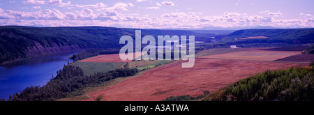 Vallée de la rivière de la paix et des terres agricoles / champs de céréales au moment de la récolte, près de Fort St John, le nord de la Colombie-Britannique, Canada Banque D'Images