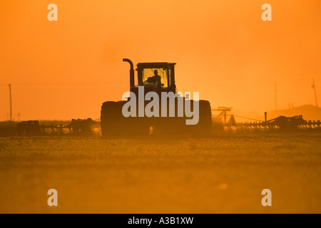 4 ROUES MOTRICES AVEC CASE IH HERSE À DISQUE, LA PRÉPARATION DE TERRAIN POUR LA PLANTATION DE MILO AU COUCHER DU SOLEIL / Texas Banque D'Images