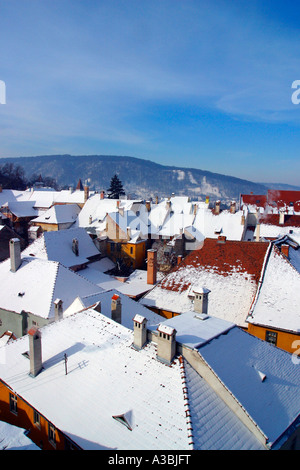 Vue aérienne Singisoara la Roumanie en hiver Banque D'Images