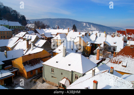 Vue aérienne Singisoara la Roumanie en hiver Banque D'Images