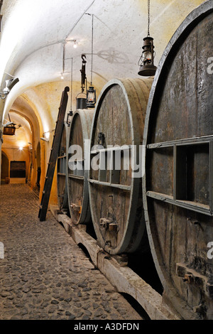 Gros barils dans la cave à vin, musée du vin et domaine viticole koutsouyanopoulos, Santorin, Grèce Banque D'Images