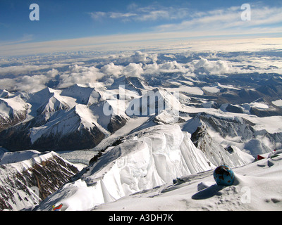 Vue depuis le sommet du mont Everest, 8848m, Népal, direction North East Ridge, l'ascension à vélo du Tibet, la Chine, l'Himalaya Banque D'Images