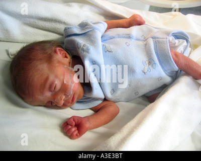 Garcon Bebe Premature Ne A 28 Semaines De Gestation Dans Un Incubateur Portant Une Canule Nasale Photo Stock Alamy