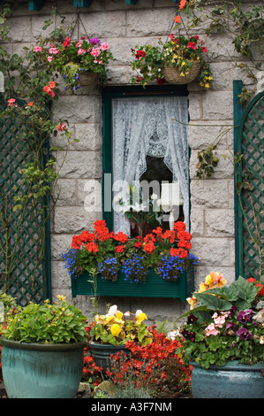 Fleurs en suspensions jardinière de grands pots et Trellis entourant fenêtre dans petite maison en pierre du village de Glencoe Ecosse Banque D'Images