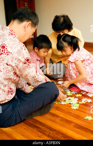 Garçon avec une fille et de leurs grands-parents à jouer avec un puzzle Banque D'Images