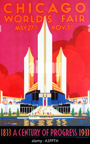 Chicago Worlds Fair art déco 1933 affiche de l'exposition de l'Illinois le marquage d'un siècle de progrès Banque D'Images