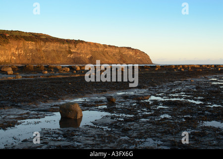 Robin Hoods Bay à marée basse à l'ensemble de plate-forme et les algues vers rock Ness Point également appelé North joue Banque D'Images