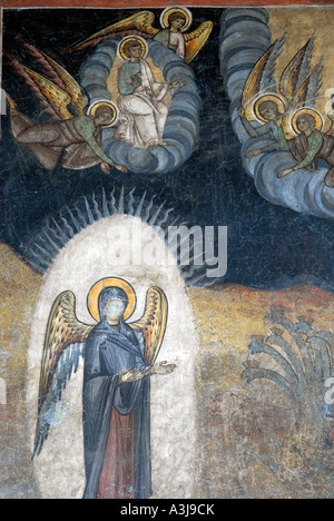 Fresque religieuse représentant des scènes de la Bible de la décoration cloître de l'église Kretzulescu à Bucarest Roumanie Banque D'Images