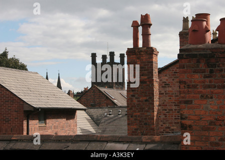 Vue sur le toit de Chester, entre des murs de la ville, montrant la cathédrale entre les cheminées Banque D'Images