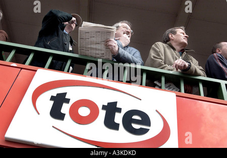 Un groupe de parieurs avec l'analyse des documents de course formulaire ci-dessus un tote bureau à Lingfield Park races Banque D'Images