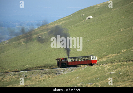 Près de Llanberis Snowdon Mountain Railway train à vapeur sur la voie en pente sur le chemin vers le sommet Banque D'Images