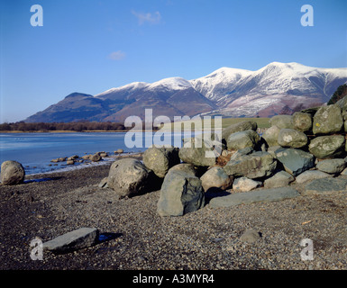 Skiddaw et congelé sur Derwent Water un lumineux, winters day avec ciel bleu clair. Un mur en pierre sèche écrouler la rive. Cumbria, Angleterre, Royaume-Uni. Banque D'Images