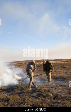 Brûlage contrôlé de la bruyère sur les landes, avril élevage des landes de Grouse. Deux garde-chasse brûlent de la bruyère pour encourager de nouvelles pousses de bruyère pour la nourriture. Banque D'Images